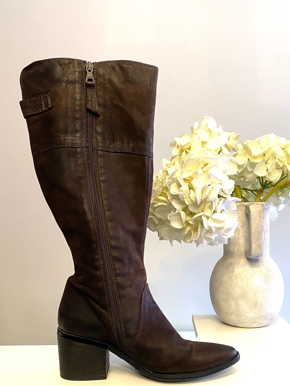 Mjus Dark Brown Leather Knee-High Boot with Block Heel and Decorative Zipper 8.5